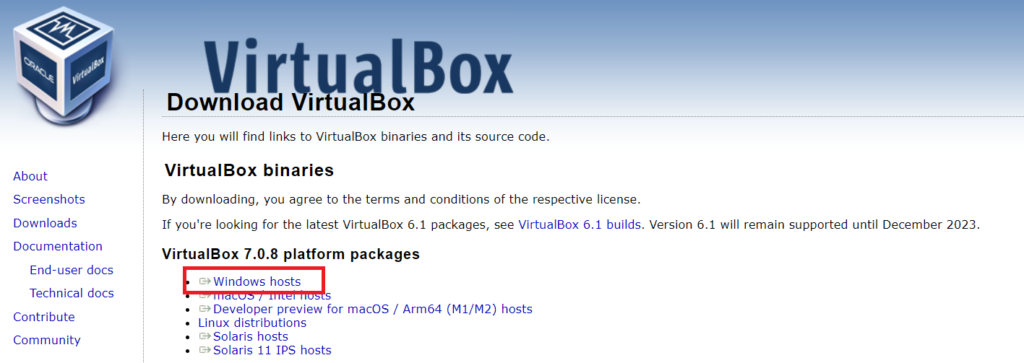 Virtualboxのインストーラーをダウンロード
